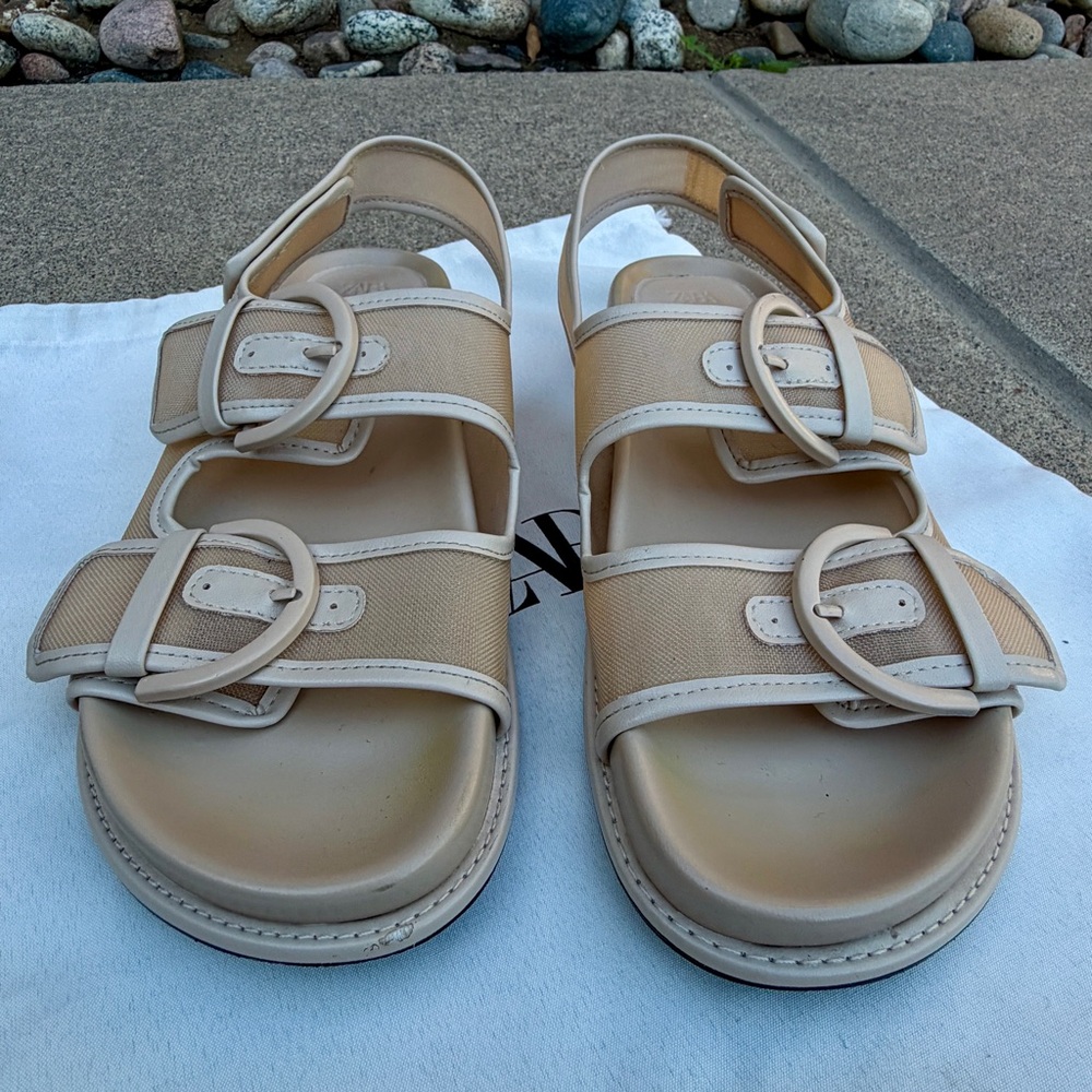 Zara Womens Open Toe Mesh Double Buckle Slingback Sandals Beige Size 37 Flat Dad - Picture 10 of 14